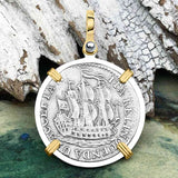 Dutch East India Company 1772 Silver 6 Stuiver Ship Shilling "I Struggle and Survive" 14K Gold & Sterling Silver Pendant