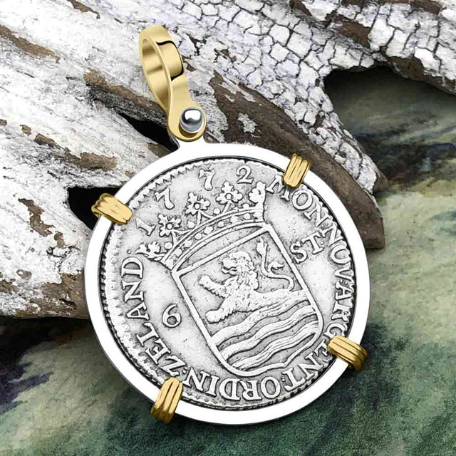 Dutch East India Company 1772 Silver 6 Stuiver Ship Shilling "I Struggle and Survive" 14K Gold & Sterling Silver Pendant
