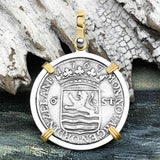 Dutch East India Company 1767 Silver 6 Stuiver Ship Shilling "I Struggle and Survive" 14K Gold & Sterling Silver Pendant