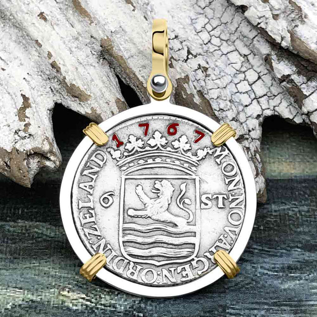 Dutch East India Company 1767 Silver 6 Stuiver Ship Shilling "I Struggle and Survive" 14K Gold & Sterling Silver Pendant
