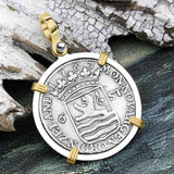 Dutch East India Company 1767 Silver 6 Stuiver Ship Shilling "I Struggle and Survive" 14K Gold & Sterling Silver Pendant