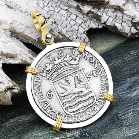 Dutch East India Company 1767 Silver 6 Stuiver Ship Shilling "I Struggle and Survive" 14K Gold & Sterling Silver Pendant