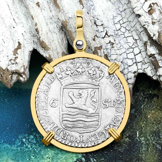 Dutch East India Company 1791 Silver 6 Stuiver Ship Shilling "I Struggle and Survive" 14K Gold Pendant
