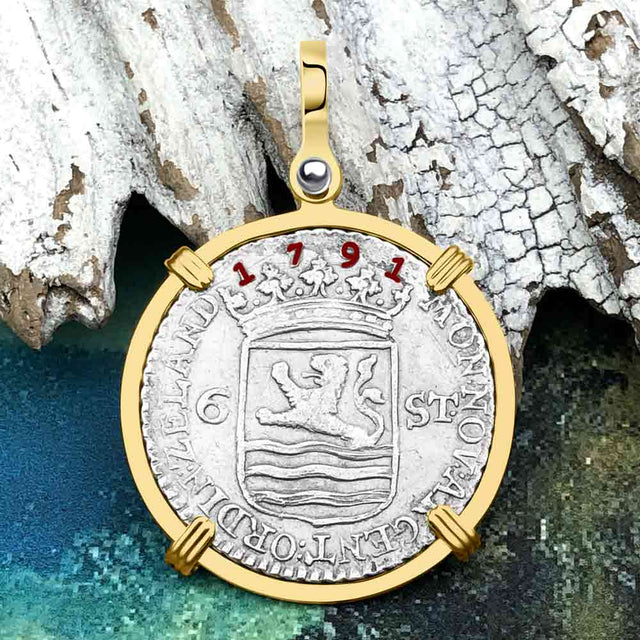 Dutch East India Company 1791 Silver 6 Stuiver Ship Shilling "I Struggle and Survive" 14K Gold Pendant