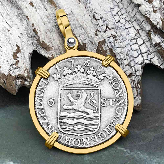 Dutch East India Company 1769 Silver 6 Stuiver Ship Shilling "I Struggle and Survive" 14K Gold Pendant
