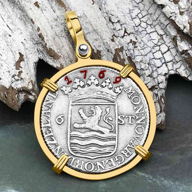Dutch East India Company 1769 Silver 6 Stuiver Ship Shilling "I Struggle and Survive" 14K Gold Pendant