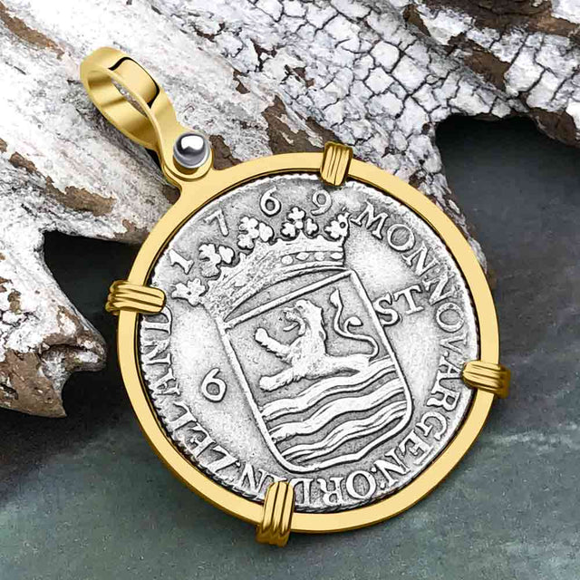 Dutch East India Company 1769 Silver 6 Stuiver Ship Shilling "I Struggle and Survive" 14K Gold Pendant