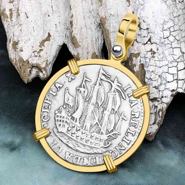 Dutch East India Company 1766 Silver 6 Stuiver Ship Shilling "I Struggle and Survive" 14K Gold Pendant