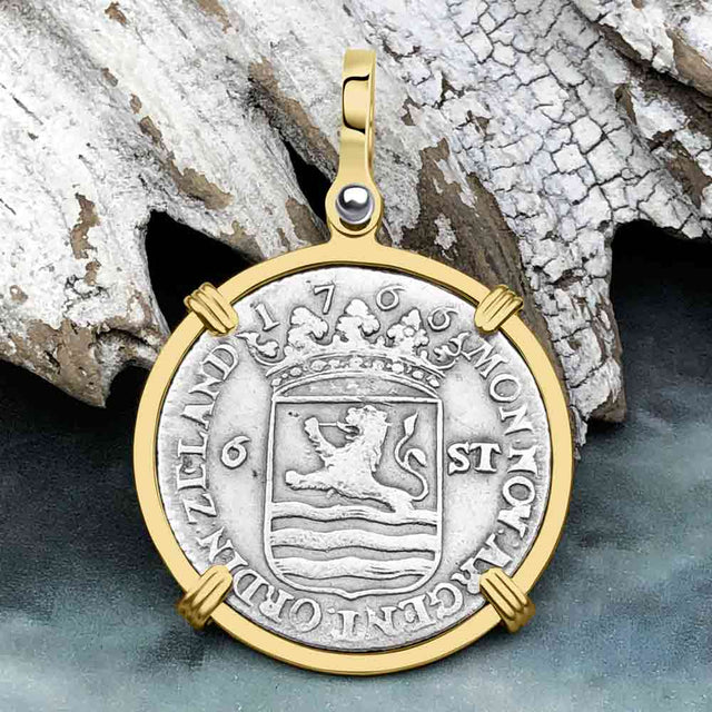 Dutch East India Company 1766 Silver 6 Stuiver Ship Shilling "I Struggle and Survive" 14K Gold Pendant
