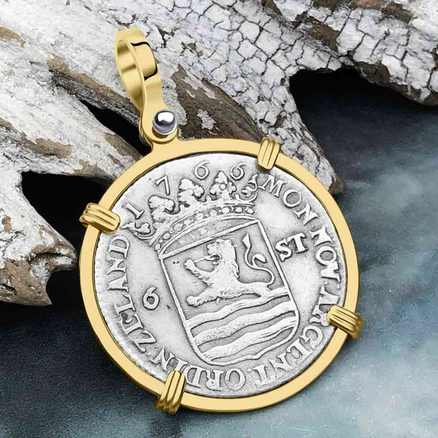 Dutch East India Company 1766 Silver 6 Stuiver Ship Shilling "I Struggle and Survive" 14K Gold Pendant