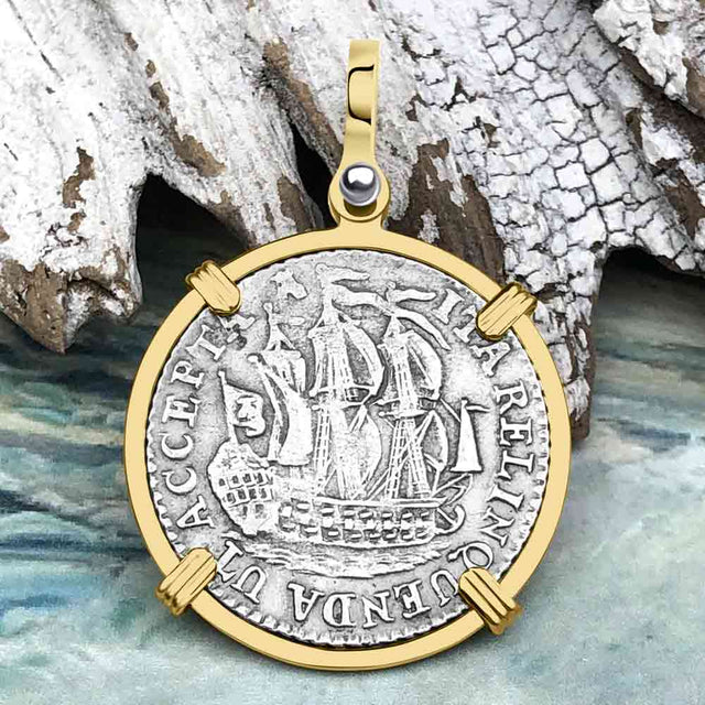 Dutch East India Company 1791 Silver 6 Stuiver Ship Shilling "I Struggle and Survive" 14K Gold Pendant