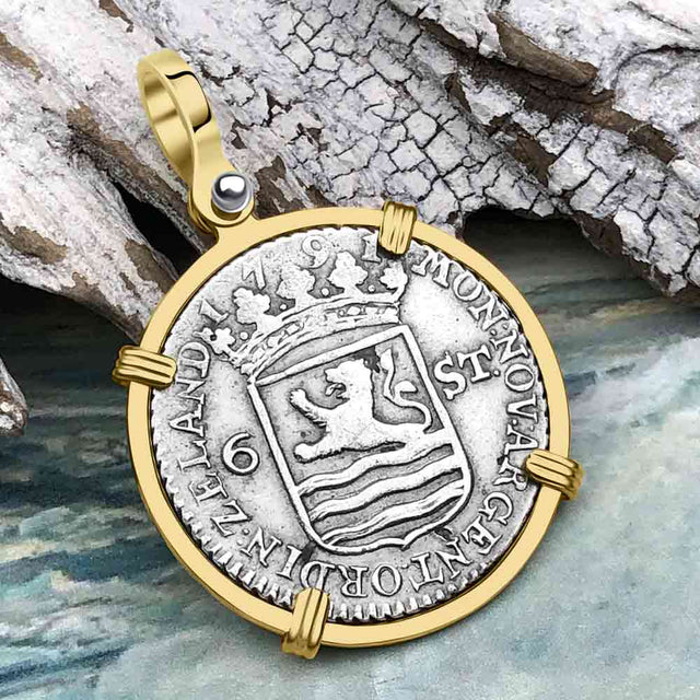 Dutch East India Company 1791 Silver 6 Stuiver Ship Shilling "I Struggle and Survive" 14K Gold Pendant