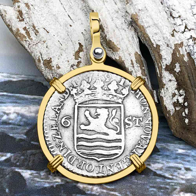 Dutch East India Company 1791 Silver 6 Stuiver Ship Shilling "I Struggle and Survive" 14K Gold Pendant