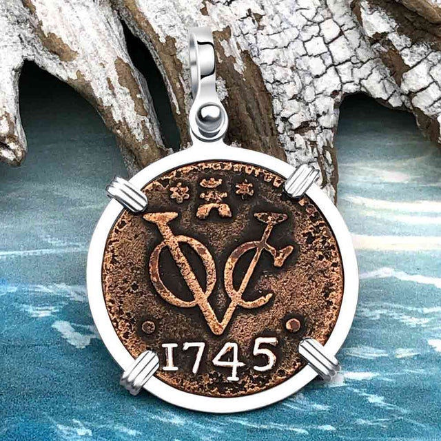 VOC - Dutch East India Company Shipwreck - I Struggle and Survive - 1745 1 Duit Sterling Silver Pendant