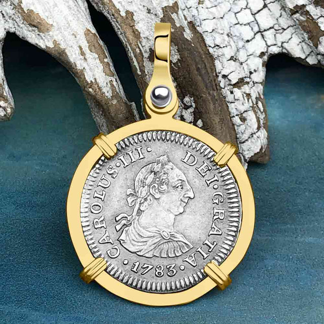RARE Grade 1 Plus El Cazador Shipwreck 1783 1/2 Reale Piece of 8 14K Gold Pendant 