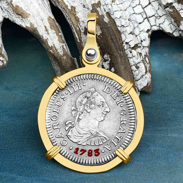 RARE Grade 1 Plus El Cazador Shipwreck 1783 1/2 Reale Piece of 8 14K Gold Pendant 