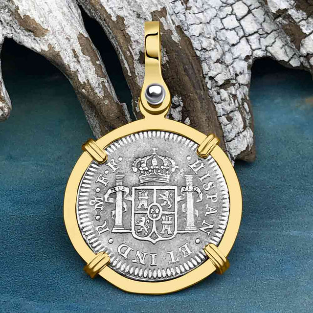 RARE Grade 1 Plus El Cazador Shipwreck 1783 1/2 Reale Piece of 8 14K Gold Pendant 