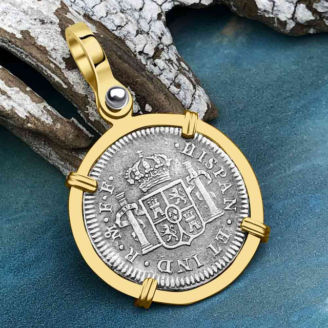 RARE Grade 1 Plus El Cazador Shipwreck 1783 1/2 Reale Piece of 8 14K Gold Pendant 