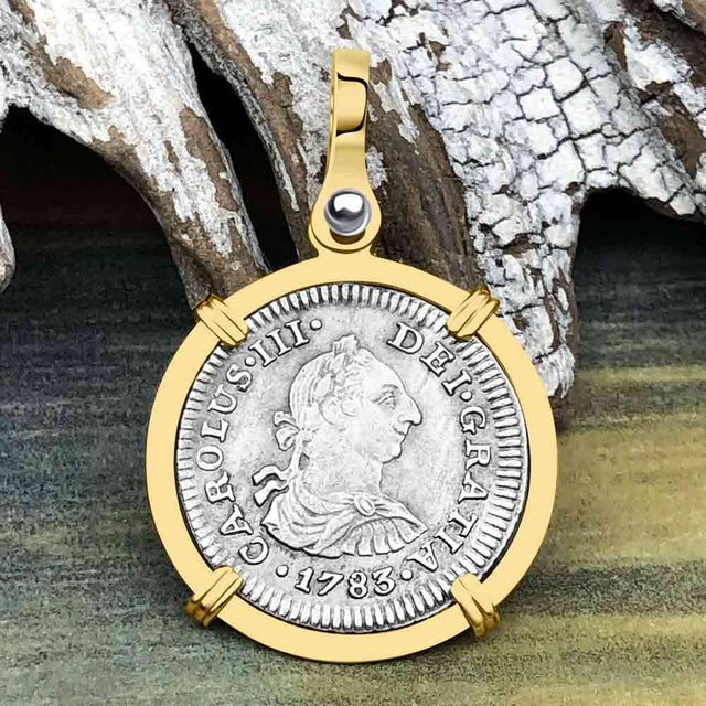 RARE Grade 1 Plus El Cazador Shipwreck 1783 1/2 Reale Piece of 8 14K Gold Pendant 