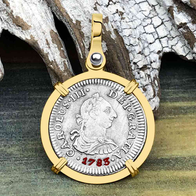 RARE Grade 1 Plus El Cazador Shipwreck 1783 1/2 Reale Piece of 8 14K Gold Pendant 