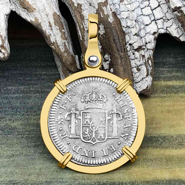 RARE Grade 1 Plus El Cazador Shipwreck 1783 1/2 Reale Piece of 8 14K Gold Pendant 