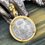 RARE Grade 1 Plus El Cazador Shipwreck 1783 1/2 Reale Piece of 8 14K Gold Pendant 