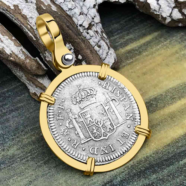 RARE Grade 1 Plus El Cazador Shipwreck 1783 1/2 Reale Piece of 8 14K Gold Pendant 