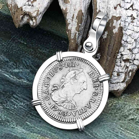 El Cazador Shipwreck 1783 1/2 Reale Piece of 8 14K White Gold Pendant