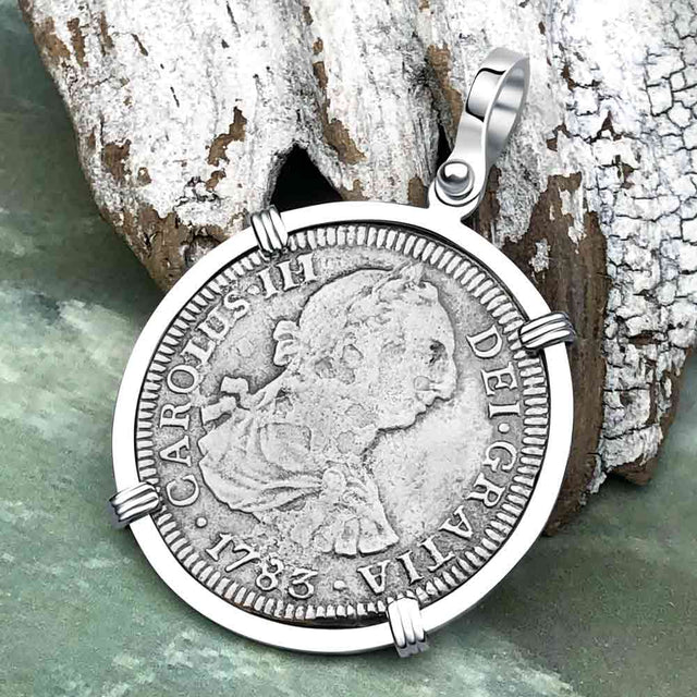 El Cazador Shipwreck 1783 2 Reale Piece of 8 14K White Gold Pendant
