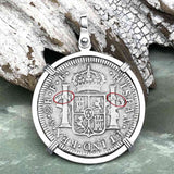 El Cazador Shipwreck 1783 2 Reale Piece of 8 14K White Gold Pendant