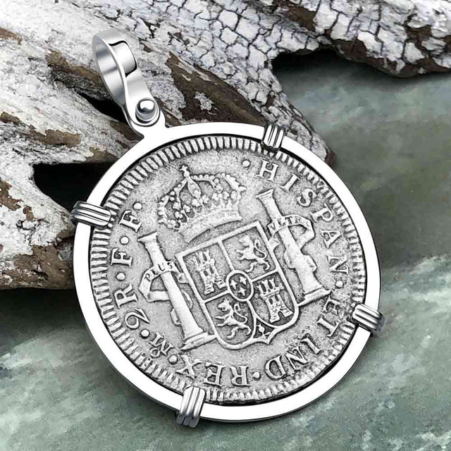 El Cazador Shipwreck 1783 2 Reale Piece of 8 14K White Gold Pendant