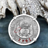 El Cazador Shipwreck 1741 RARE Pillar Dollar 2 Reale Piece of 8 terling Silver Pendant