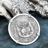 El Cazador Shipwreck 1741 RARE Pillar Dollar 2 Reale Piece of 8 terling Silver Pendant