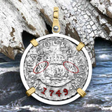 El Cazador Shipwreck 1749 RARE Pillar Dollar 2 Reale Piece of 8 14K Gold and Sterling Silver Pendant