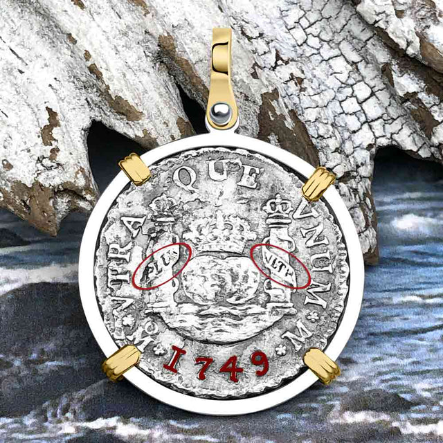 El Cazador Shipwreck 1749 RARE Pillar Dollar 2 Reale Piece of 8 14K Gold and Sterling Silver Pendant