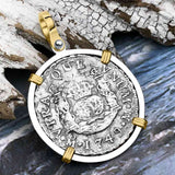El Cazador Shipwreck 1749 RARE Pillar Dollar 2 Reale Piece of 8 14K Gold and Sterling Silver Pendant