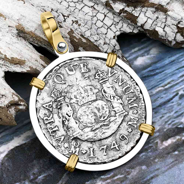 El Cazador Shipwreck 1749 RARE Pillar Dollar 2 Reale Piece of 8 14K Gold and Sterling Silver Pendant
