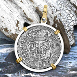 El Cazador Shipwreck 1749 RARE Pillar Dollar 2 Reale Piece of 8 14K Gold and Sterling Silver Pendant