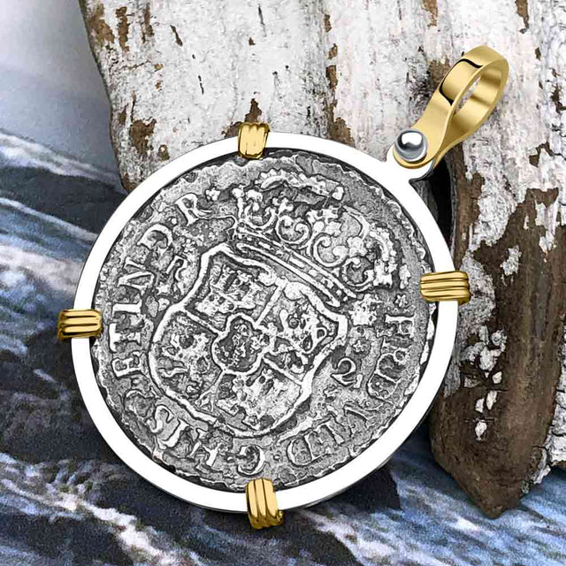 El Cazador Shipwreck 1749 RARE Pillar Dollar 2 Reale Piece of 8 14K Gold and Sterling Silver Pendant