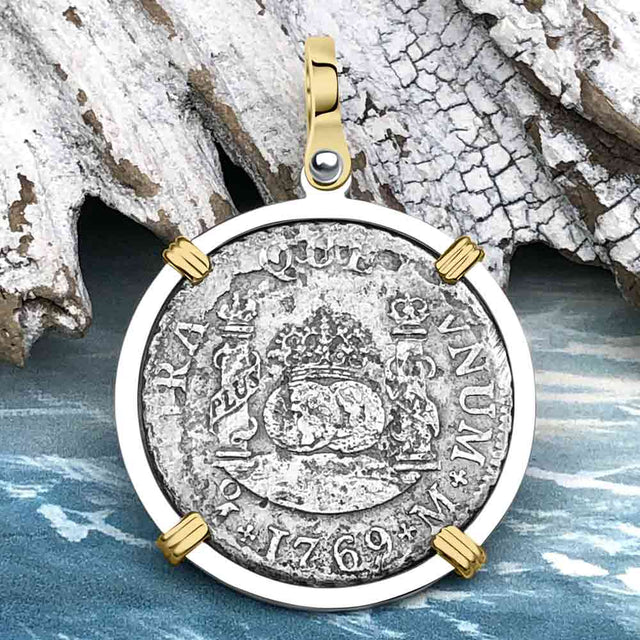 El Cazador Shipwreck 1768 RARE Pillar Dollar 2 Reale Piece of 8 14K Gold and Sterling Silver Pendant