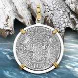 El Cazador Shipwreck 1768 RARE Pillar Dollar 2 Reale Piece of 8 14K Gold and Sterling Silver Pendant