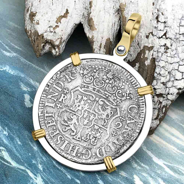 El Cazador Shipwreck 1768 RARE Pillar Dollar 2 Reale Piece of 8 14K Gold and Sterling Silver Pendant