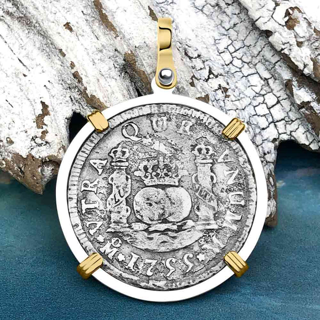 El Cazador Shipwreck 1755 RARE Pillar Dollar 2 Reale Piece of 8 14K Gold and Sterling Silver Pendant
