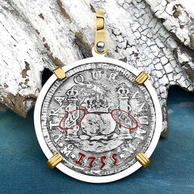 El Cazador Shipwreck 1755 RARE Pillar Dollar 2 Reale Piece of 8 14K Gold and Sterling Silver Pendant