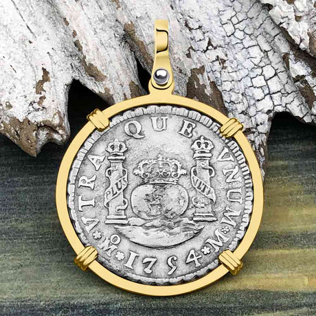 El Cazador Shipwreck 1754 RARE Pillar Dollar 2 Reale Piece of 8 14K Gold Pendant 