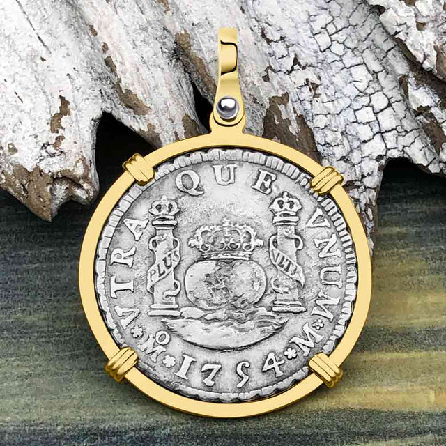 El Cazador Shipwreck 1754 RARE Pillar Dollar 2 Reale Piece of 8 14K Gold Pendant 