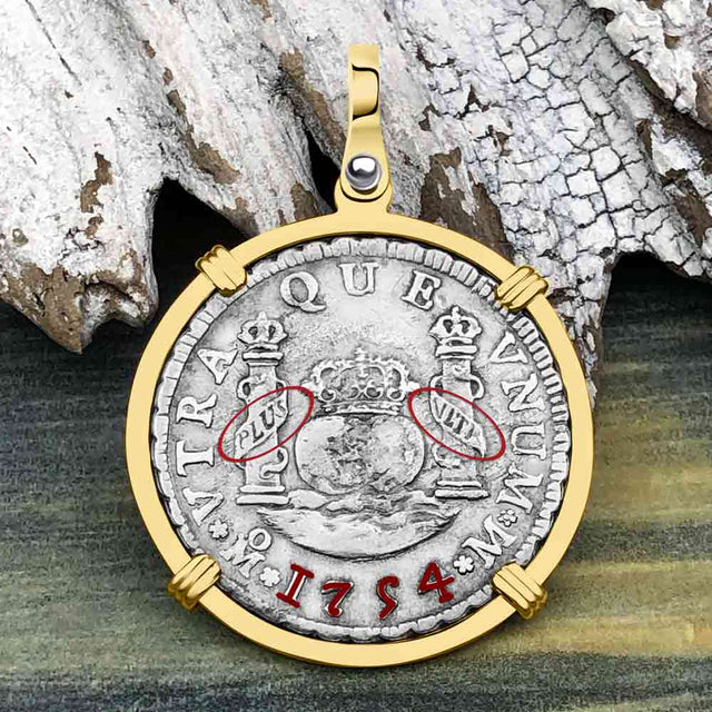 El Cazador Shipwreck 1754 RARE Pillar Dollar 2 Reale Piece of 8 14K Gold Pendant 