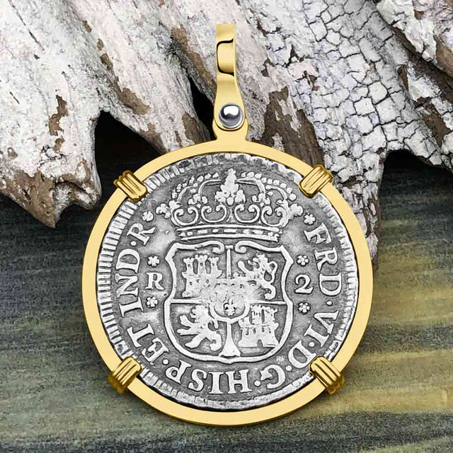 El Cazador Shipwreck 1754 RARE Pillar Dollar 2 Reale Piece of 8 14K Gold Pendant 