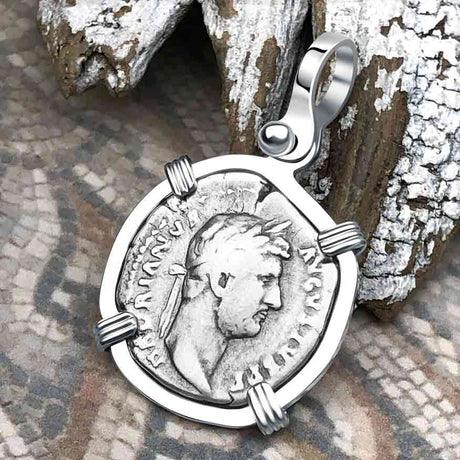 Roman Empire Silver Denarius Coin of Hadrian, the Builder 134 AD Sterling Silver Pendant