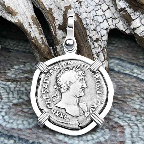 Roman Empire Silver Denarius Coin of Hadrian, the Builder 119 AD Sterling Silver Pendant